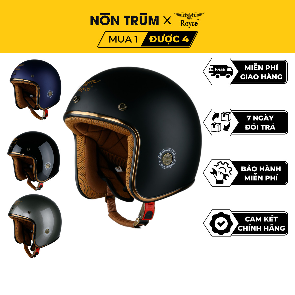 Mũ bảo hiểm xe máy 3/4 Royce XH15 nhỏ gọn size L XL phù hợp cho cả nam và nữ