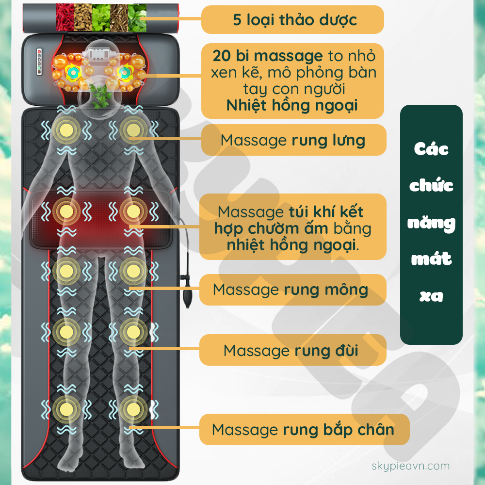 Đệm Massage Toàn Thân Hồng Ngoại - Chất Liệu Da PU Cao Cấp - Phiên Bản 2022 - Tích Hợp Nhiều Tính Năng Massage - Đệm Mát Xa Toàn Thân
