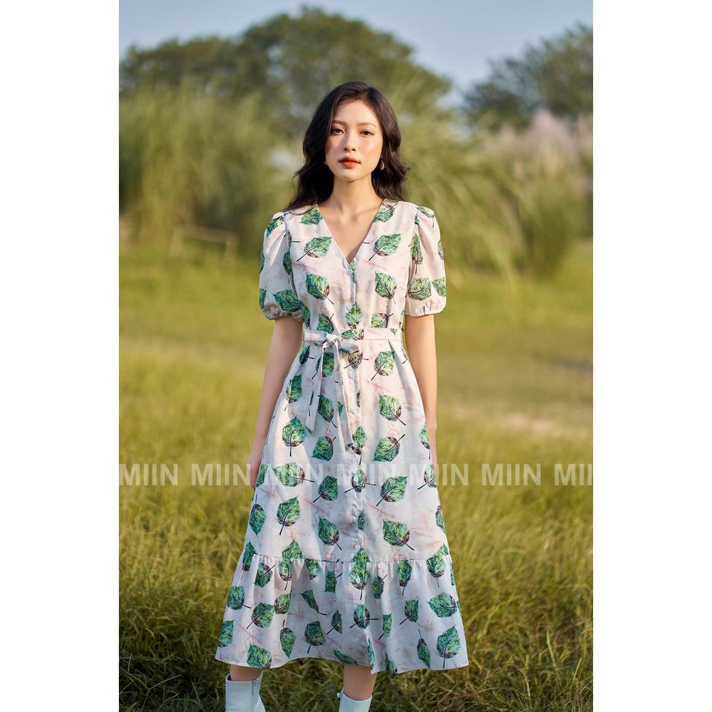 D00579 - Đầm thiết kế cao cấp dáng suông cổ tim hoạ tiết lá Miu Store