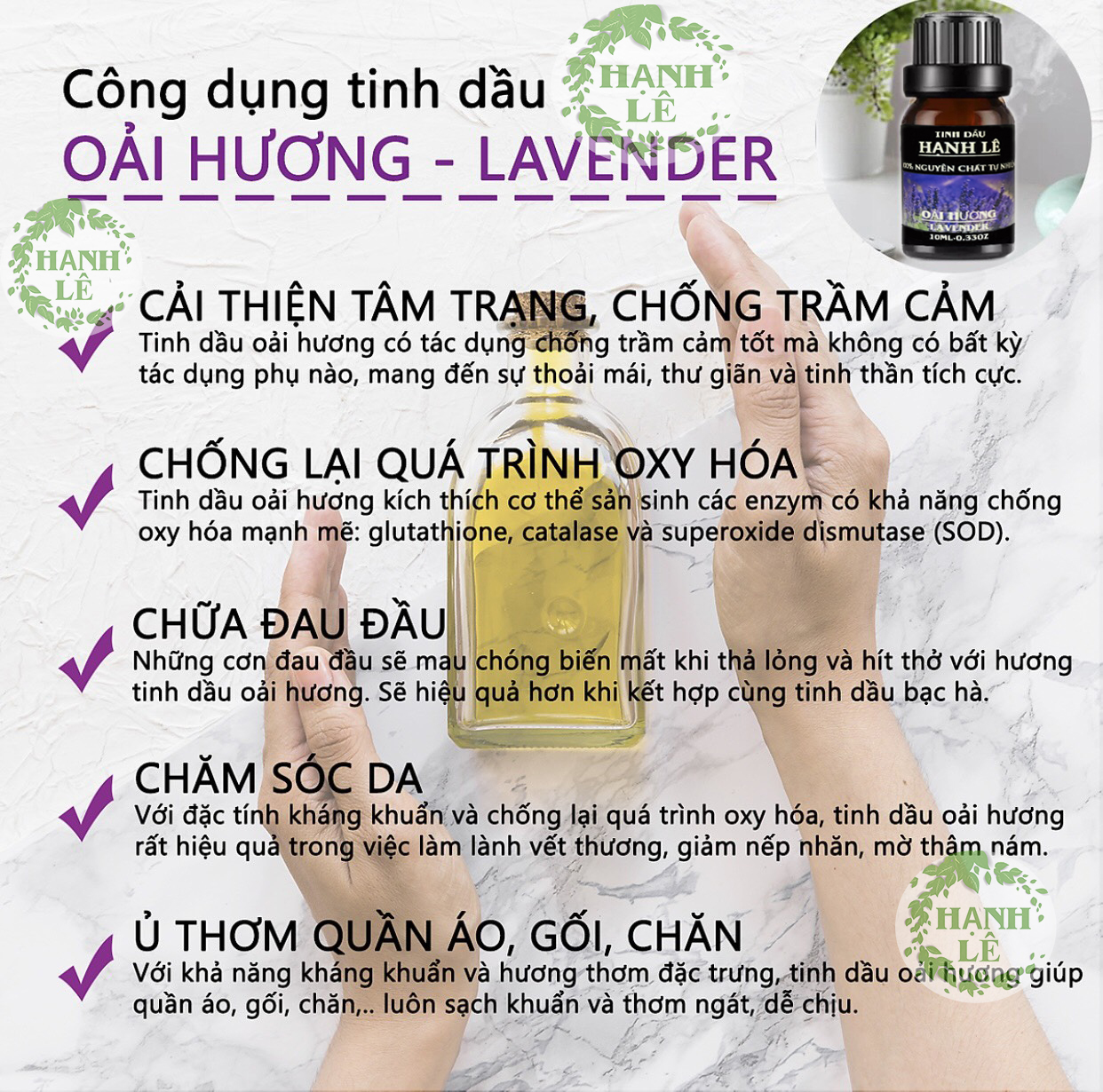 TINH DẦU OẢI HƯƠNG (LAVENDER) HẠNH LÊ 100% NGUYÊN CHẤT TỪ THIÊN NHIÊN 10ML (MUA 2SET 6 CHAI ĐƯỢC TẶNG 01 MÁY KHUẾCH TÁN TINH DẦU MÈO THẦN TÀI)