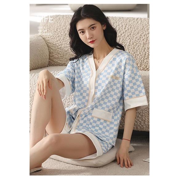 Bộ Pyjama Nữ Cộc Tay Ống Rộng Phối Viền Caro