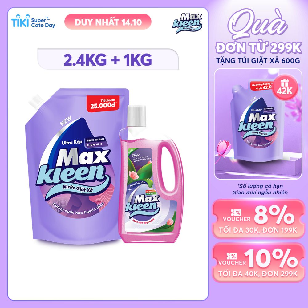 Combo túi nước giặt xả MaxKleen hương Huyền Diệu 2.4kg + chai nước lau sàn 1kg