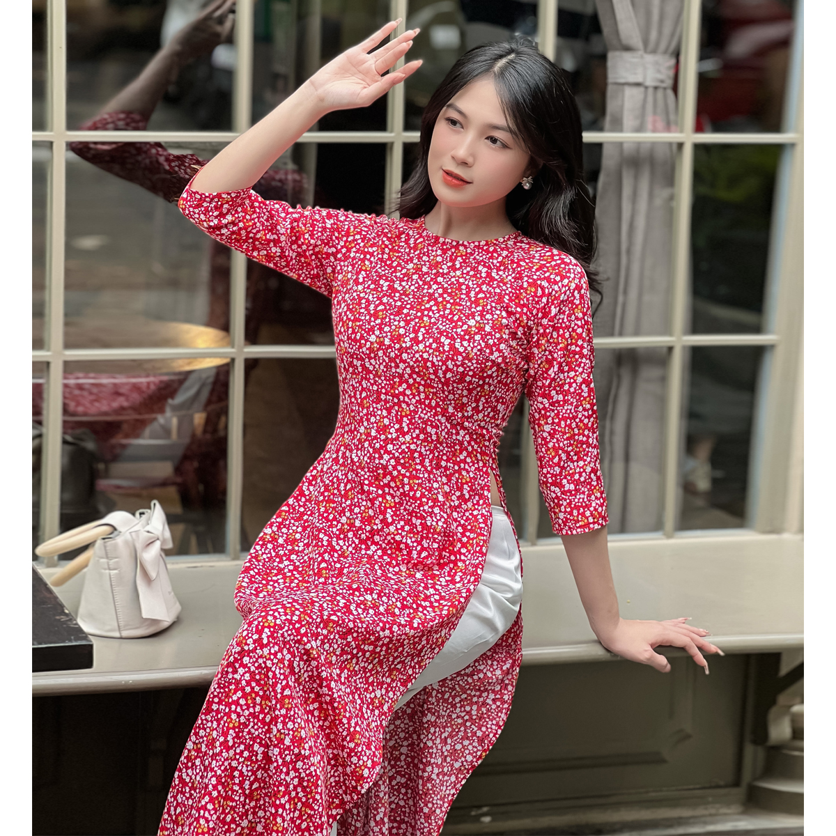 Áo dài hoa nhí tay lỡ AD026- Khánh Linh Style - Lady Fashion