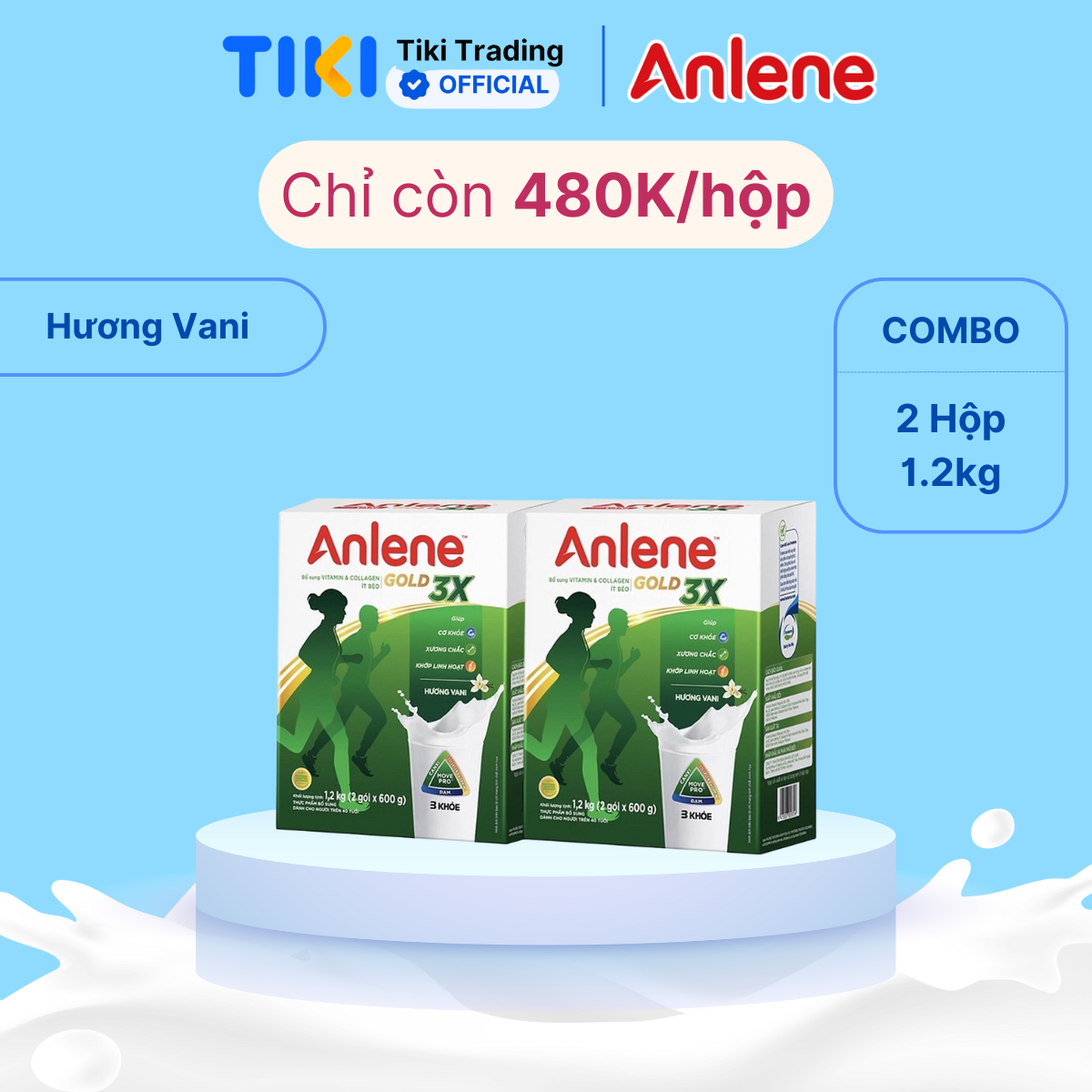 Combo 2 Sữa Bột Anlene Gold Movepro 3X Hương Vanilla (Hộp Giấy 1,2kg)