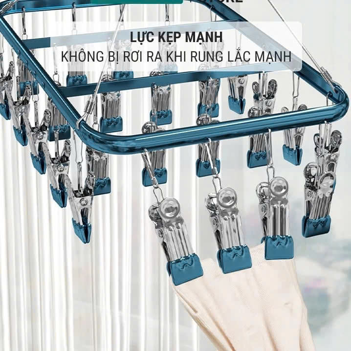 Móc Chùm 24 Kẹp Móc Tròn Vuông Inox Phơi Quần Áo Trẻ Em, Đệm Cao Su Chống Trượt, Treo Tất, Khăn, Đồ Lót Cao Cấp - HÀNG CHÍNH HÃNG MINIIN