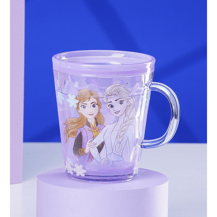 Ly quai cầm tay 2 lớp nhũ nước kim tuyến trong suốt hình công chúa Elsa và Anna  màu tím siêu cute cho bé gái 260ml - 118VNDP2502
