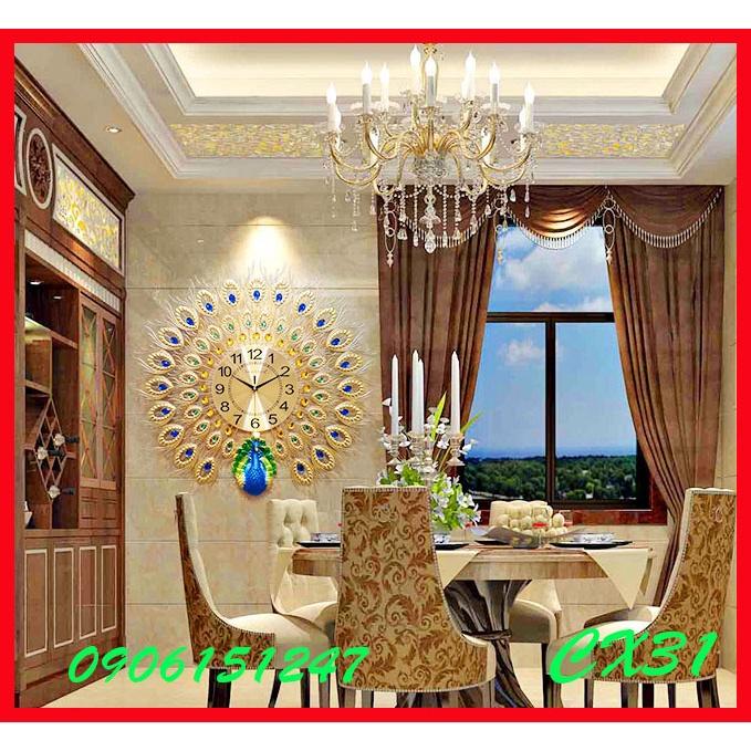 Đồng hồ treo tường trang trí decor chim công CX31 Khổng Tước vàng kích thước 70 x 70 cm