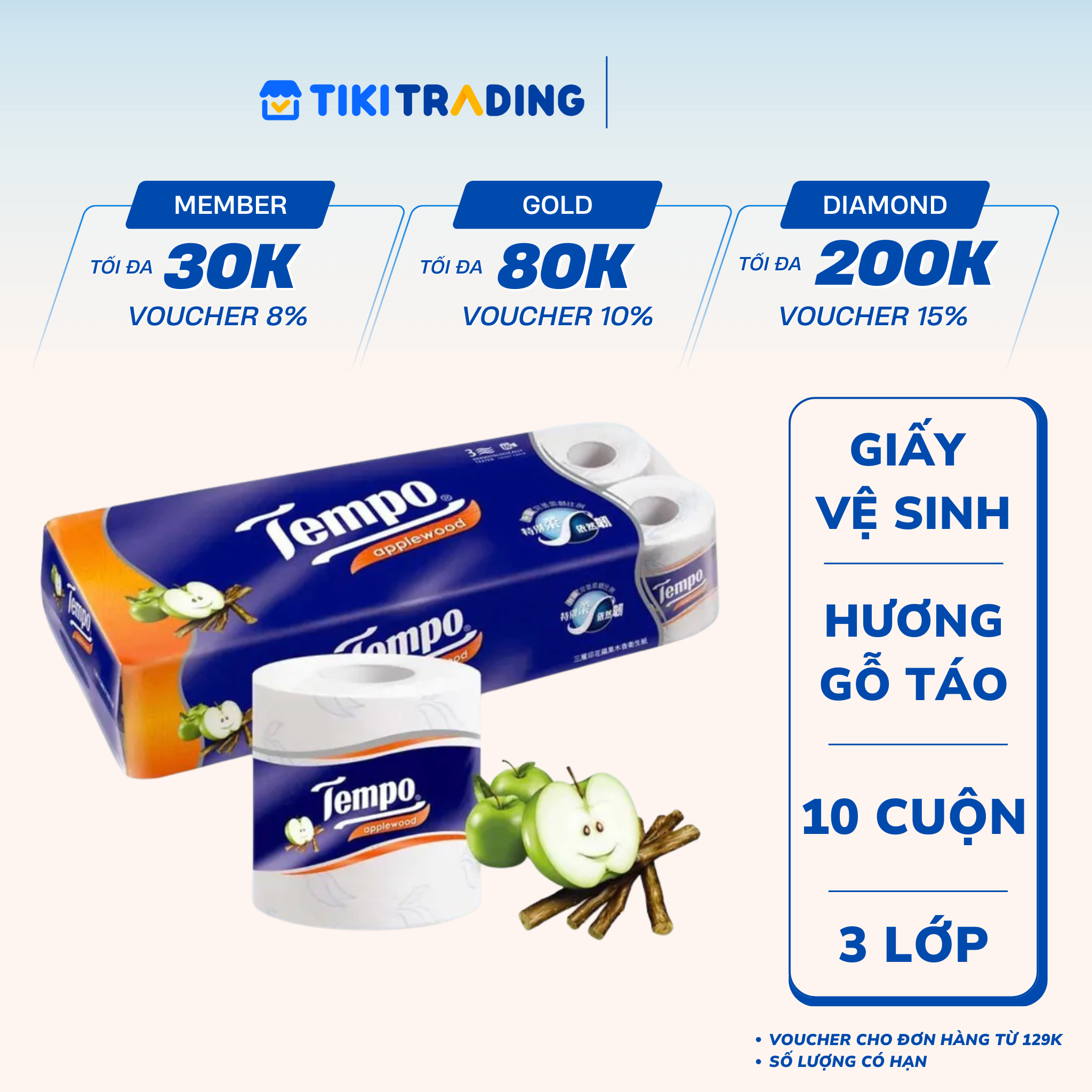 Lốc 10 Cuộn Giấy Vệ Sinh Tempo - Gỗ Táo