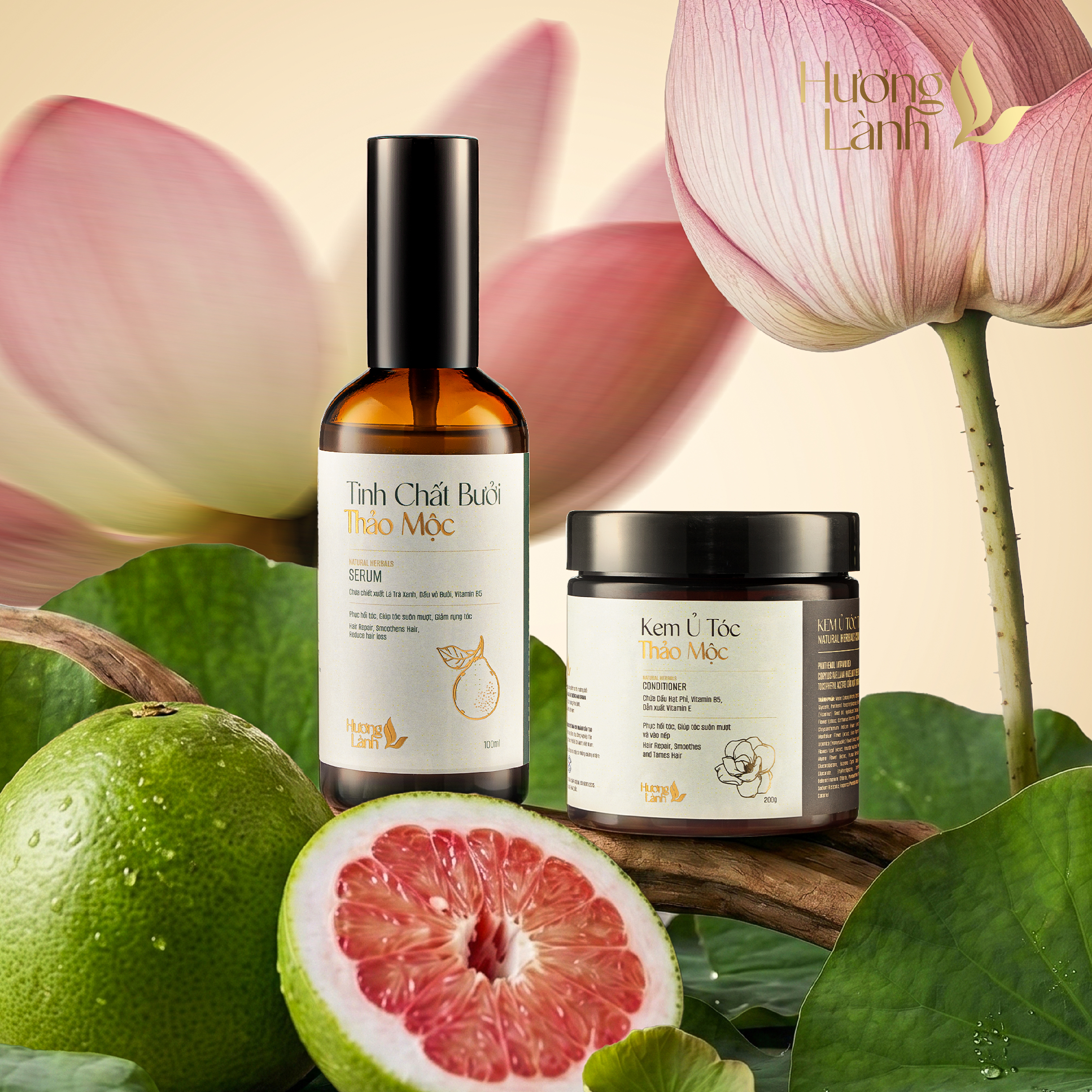 COMBO 2 sản phẩm Kem ủ tóc thảo dược Hương Lành + Tinh chất bưởi thảo mộc Hương Lành giúp tóc suôn mượt tự nhiên- vào nếp- ngăn gãy rụng hiệu quả, tinh chất bưởi phục hồi tóc hư tổn, giảm chẻ ngọn, kích mọc tóc từ tinh dầu bưởi và cam