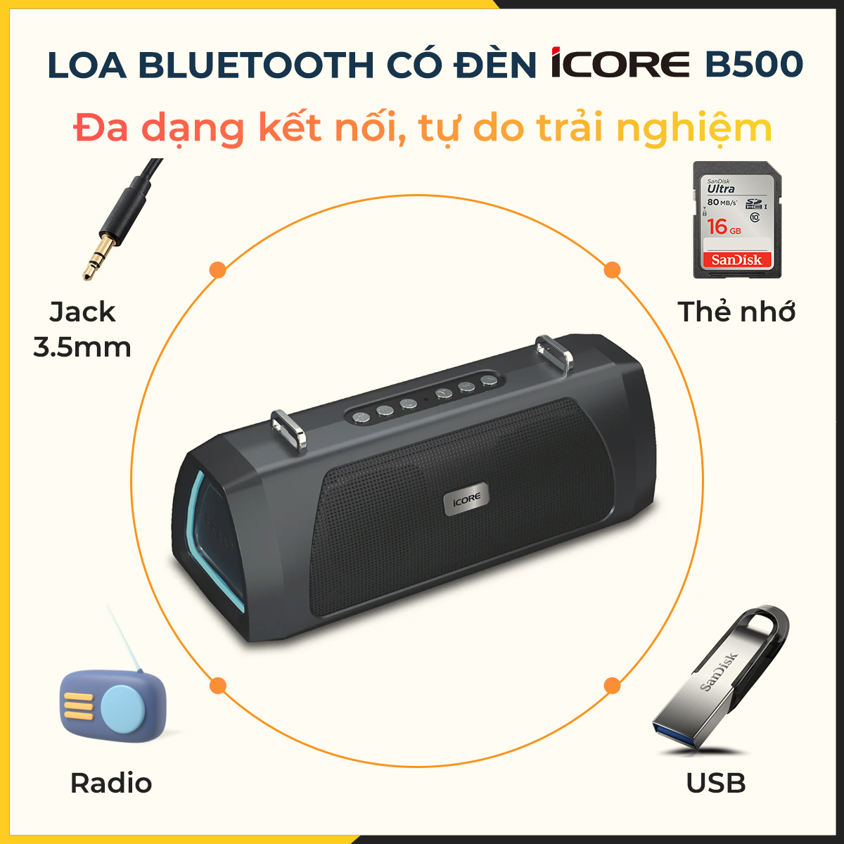 Loa Bluetooth có đèn iCore B500 - Hàng Chính Hãng