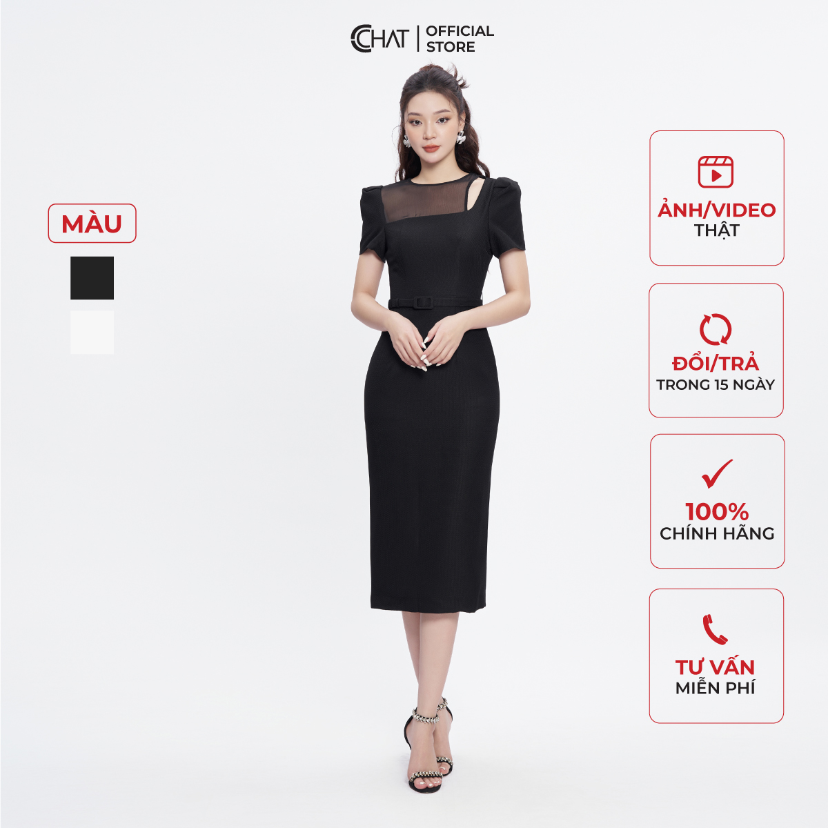 Đầm Nữ Dáng Ôm Suông Kiểu Cutout Vai Chất Tafta Cao Cấp Mềm Mịn 53VNS8001OT