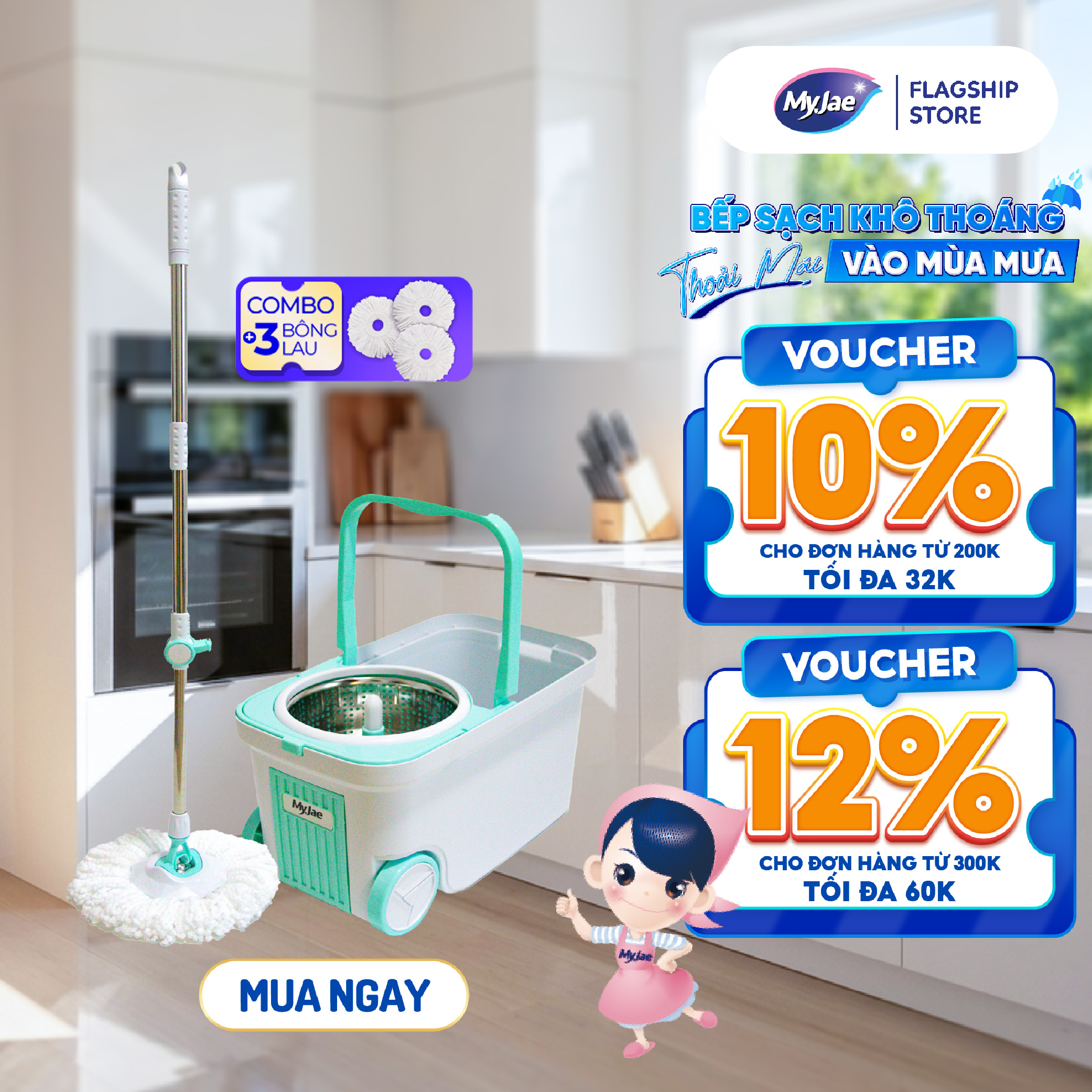 Combo 3 Bông Lau 1 Bộ Lau Nhà MyJae Đài Loan Sợi Microfiber Xoay Siêu Tốc 360 Độ Thông Minh 129.5cm
