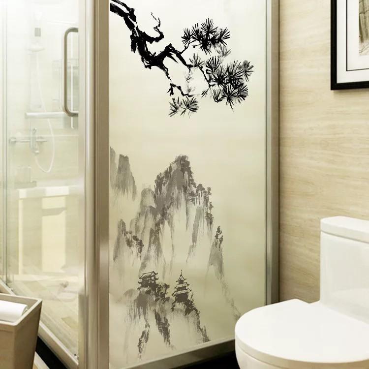 Decal trang trí kính cao cấp mẫu phong cảnh Sơn Núi và cành cây