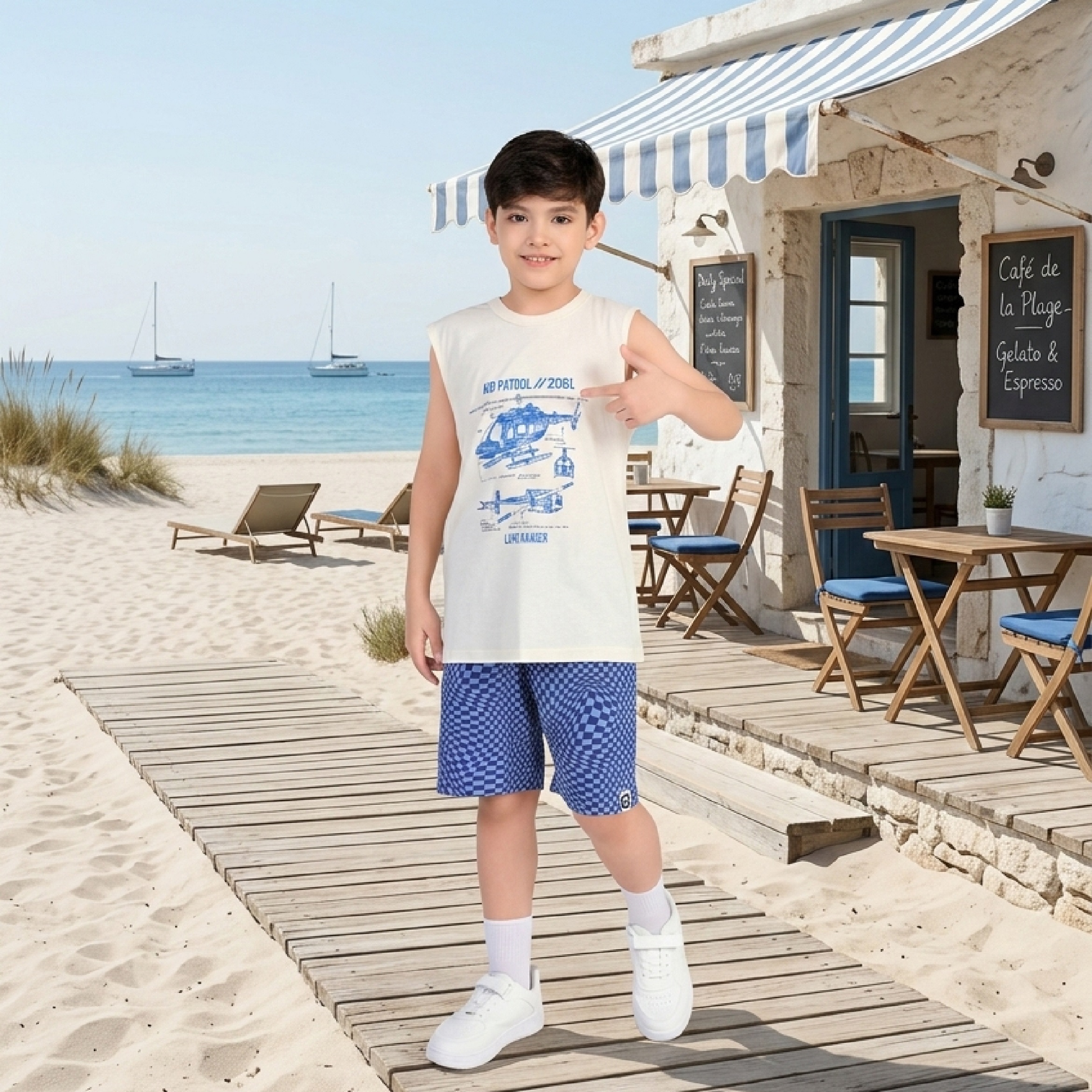 Bộ ba lỗ sát nách cho bé trai Bigfox Miss Meow mặc nhà mùa hè vải cotton size đại trẻ em 3-11 tuổi