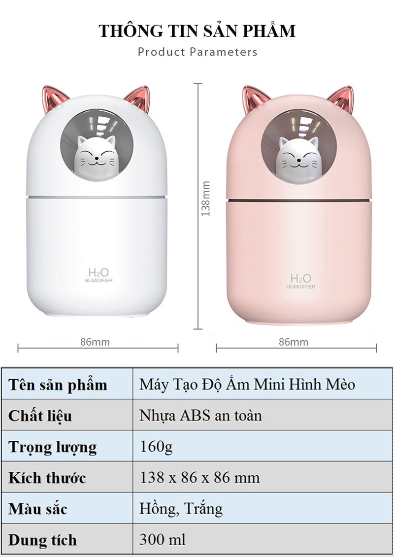 Máy Phun Sương, Máy Tạo Độ Ẩm Mini Hình Mèo CTFAST-01 Dung Tích 300 ML, Cấp Ẩm Cho Da, Phòng Điều Hòa, Khuếch Tán Tinh Dầu, Hoạt Động Êm Ái Ánh Sáng Thay Thế Đèn Ngủ - Hàng Chính Hãng