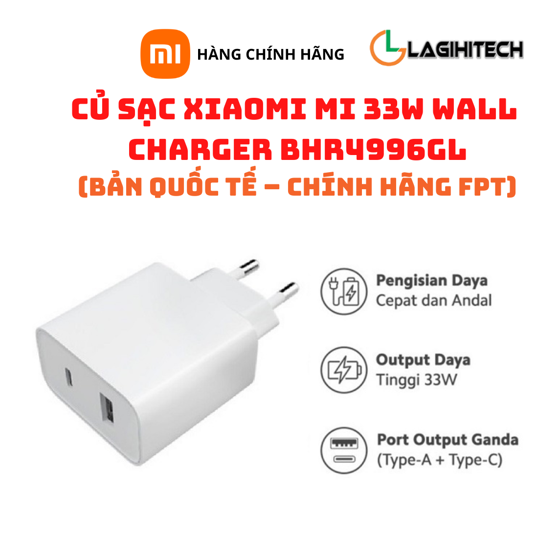 Củ Sạc Xiaomi Mi 33W Wall Charger BHR4996GL (Type-C+Type-A) Bản Quốc Tế - Hàng Chính Hãng FPT