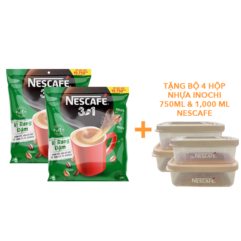 Cà phê hoà tan NESCAFÉ 3IN1 VỊ RANG ĐẬM - công thức cải tiến - COMBO 2 bịch x 46 gói - [TẶNG 4 HỘP NHỰA INOCHI 750ml &amp; 1000ml]