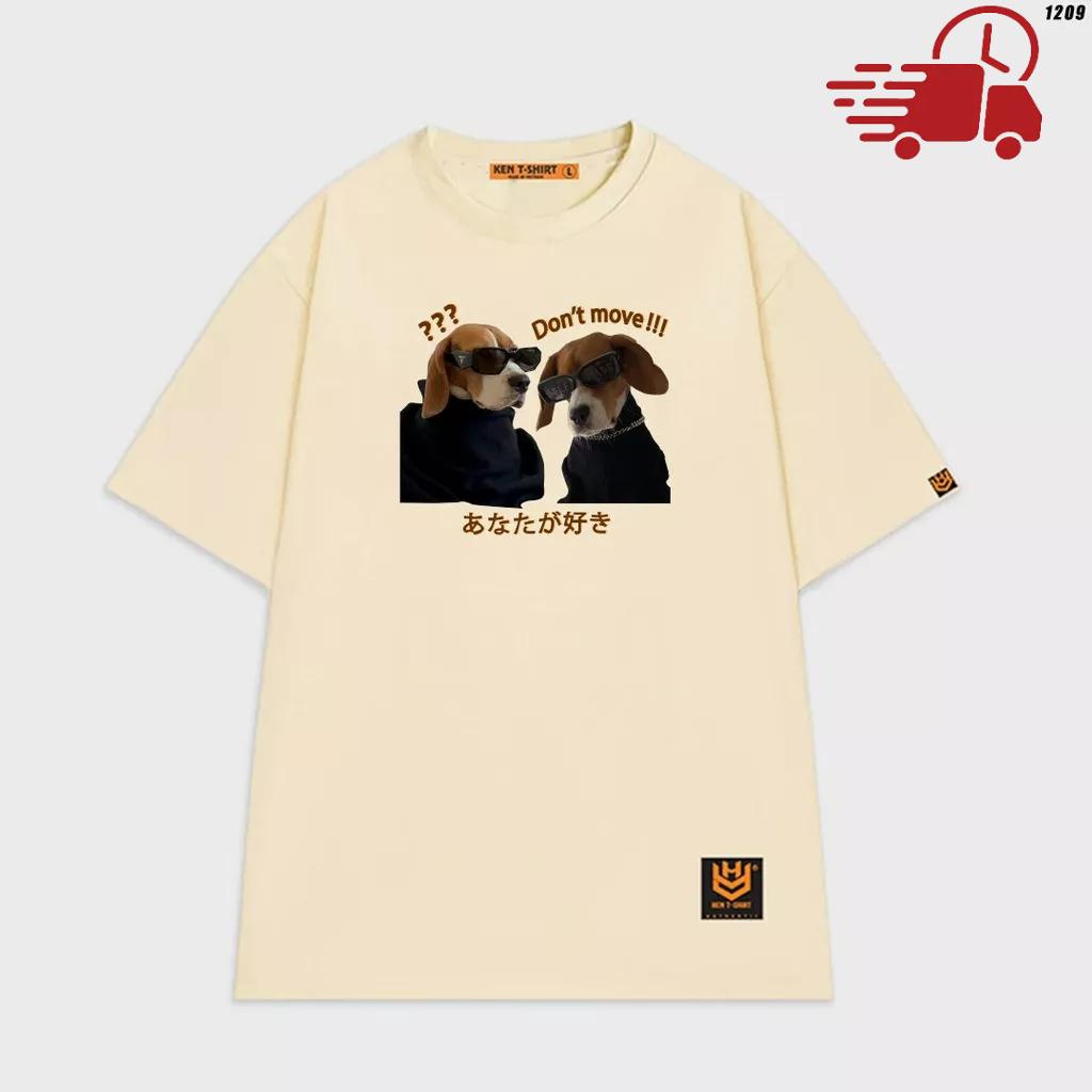 Áo thun tay lỡ phông trơn unisex phom rộng in hình hình chú chó hài hước