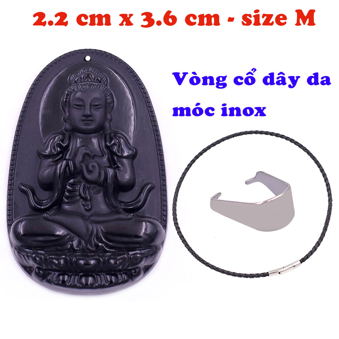 Hình ảnh Mặt Phật Đại nhật như lai đá thạch anh đen 3.6 cm kèm vòng cổ dây da đen - mặt dây chuyền size M, Mặt Phật bản mệnh
