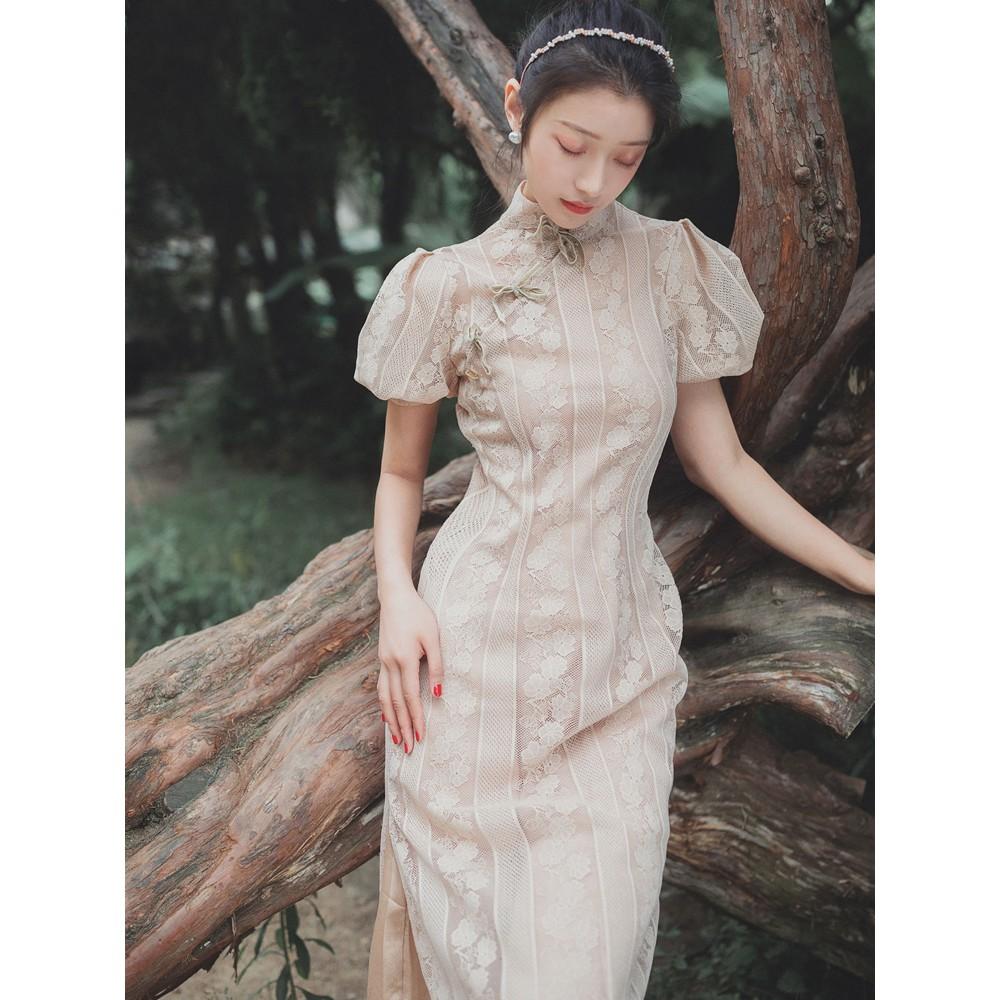 Sườn xám cách tân dáng dài xẻ tà Vintage tay ngắn phồng quý phái sang trọng dự tiệc hàng chuẩn Quảng ẢNH THẬT CUỐI châu