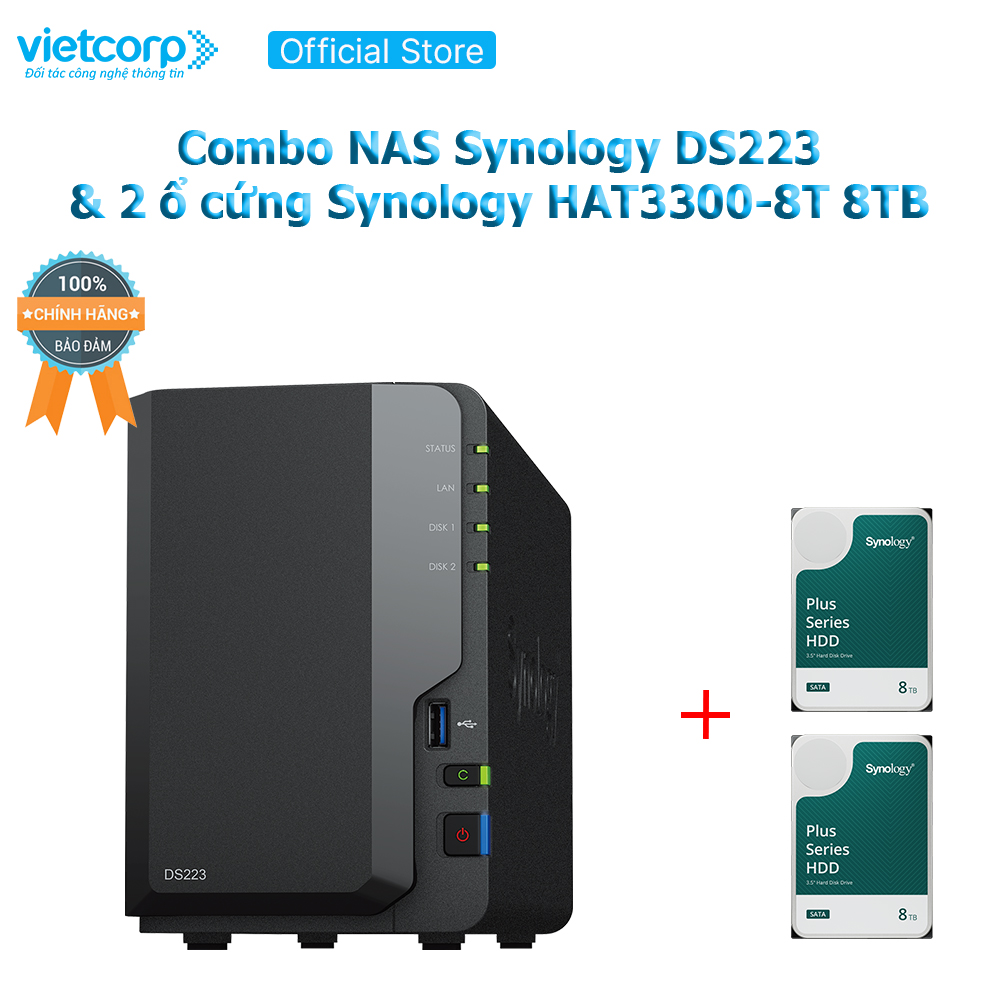 Combo Thiết bị lưu trữ NAS Synology DS223 và 2 Ổ cứng Synology HAT3300-8T Hàng Chính Hãng