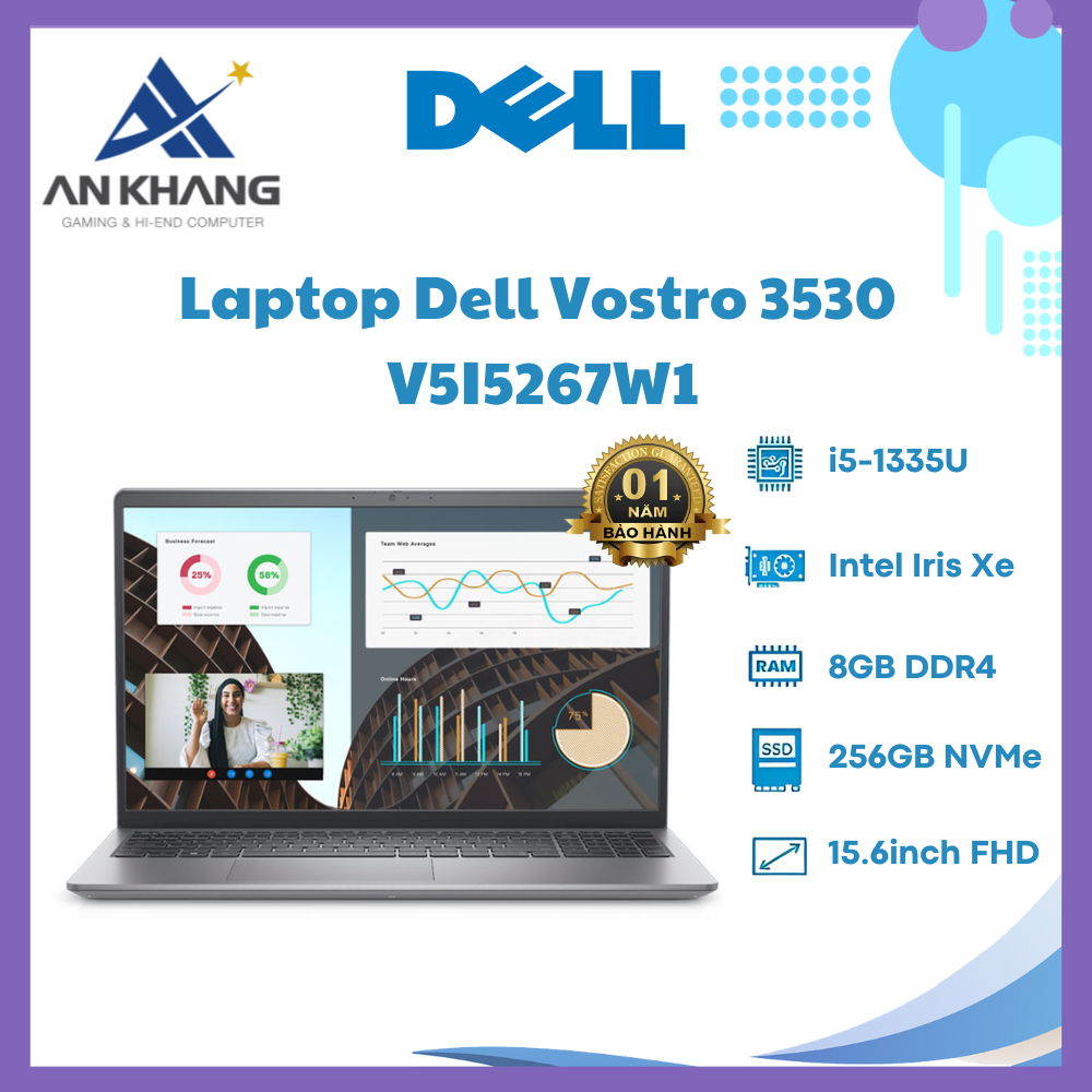 Laptop Dell Vostro 3530 V5I5267W1 (Intel Core i5-1335U | 8GB | 256GB | 15.6 inch FHD 120Hz | Win 11 | Office | Xám) - Hàng Chính Hãng - Bảo Hành 12 Tháng