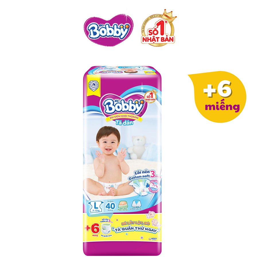 Tã dán Bobby Lõi nén Cotton-soft 3mm L40 - 40 miếng + 6 miếng TQ size L