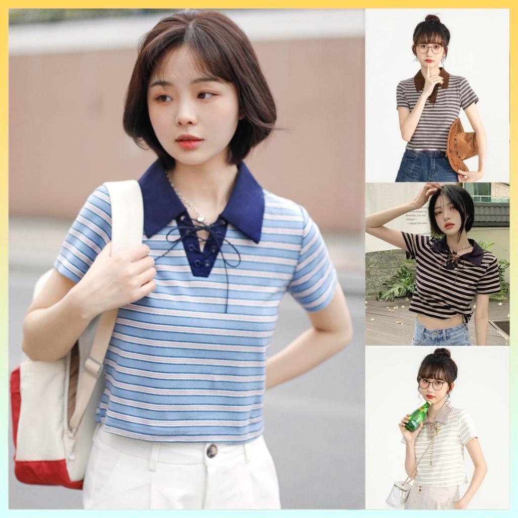 Áo len Montoghi dệt kim ĐAN DÂY CỔ kẻ sọc phong cách Hàn Quốc siêu xinh