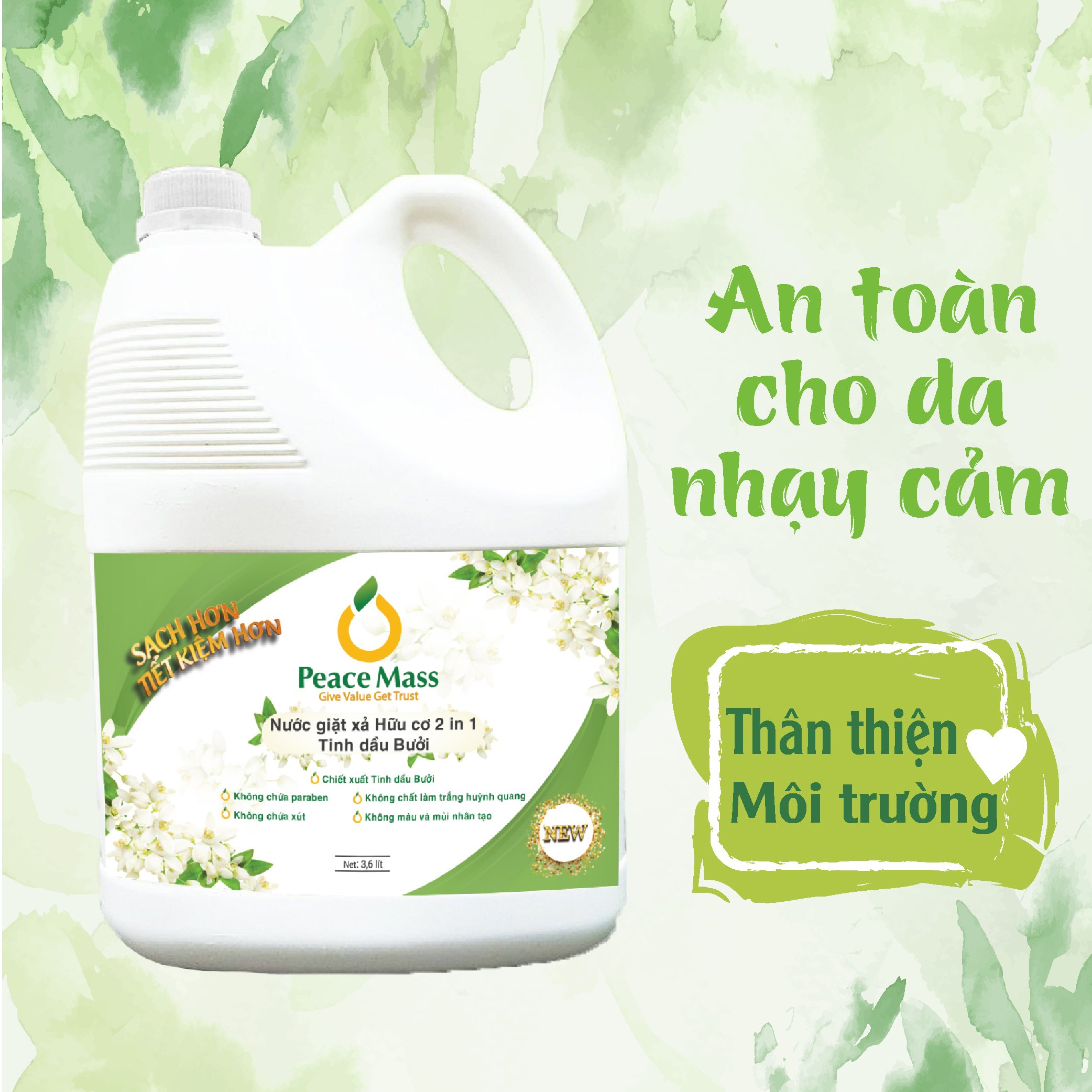 Combo Sản Phẩm Gốc Thực Vật NGB2 Peace Mass Nước Giặt Xả 2 in 1 3.6 lít + Nước Rửa Tay 340ml (Thuộc nhóm Sản phẩm Lành tính / Hữu cơ)