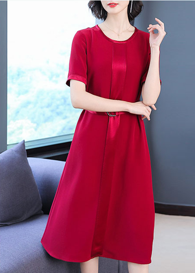 Đầm Suông Big Size Kiểu Đầm Suông Dạo Phố Tay ngắn Cột Eo Màu Đỏ 1617