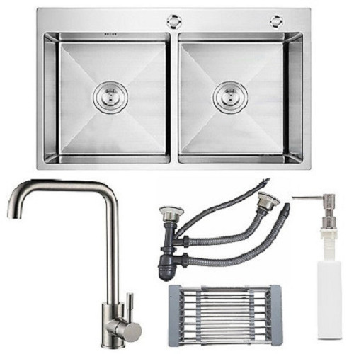 Combo chậu rửa chén inox sus304 kích thước 8245, vòi rửa chén nóng lạnh, bình xà phòng, rổ inox đa năng, bộ xả chậu chống hôi