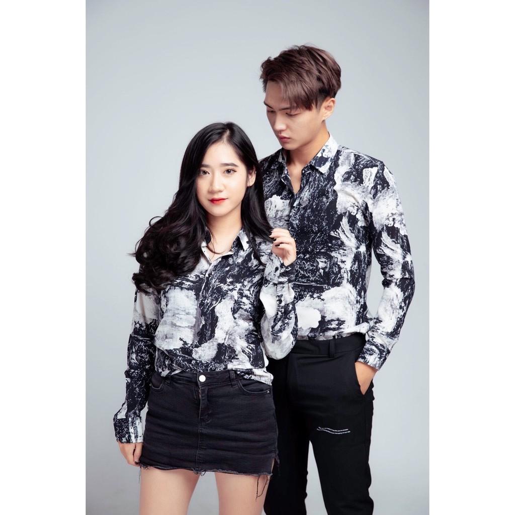 Áo Sơ Mi Đôi Nam Nữ Hoạ Tiết Aru Shop