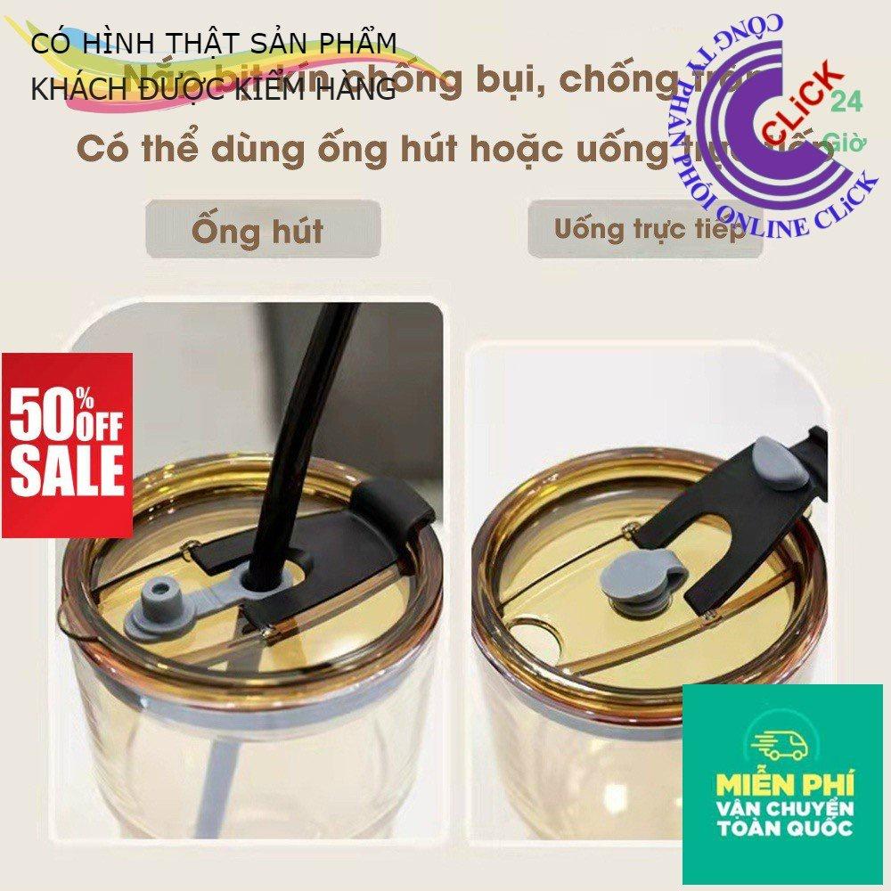 Cốc Thủy Tinh Kèm Bao Da Có Nắp Và Ống Hút 450ml, Ly Uống Nước - Hàng Cao Cấp Siêu Sang