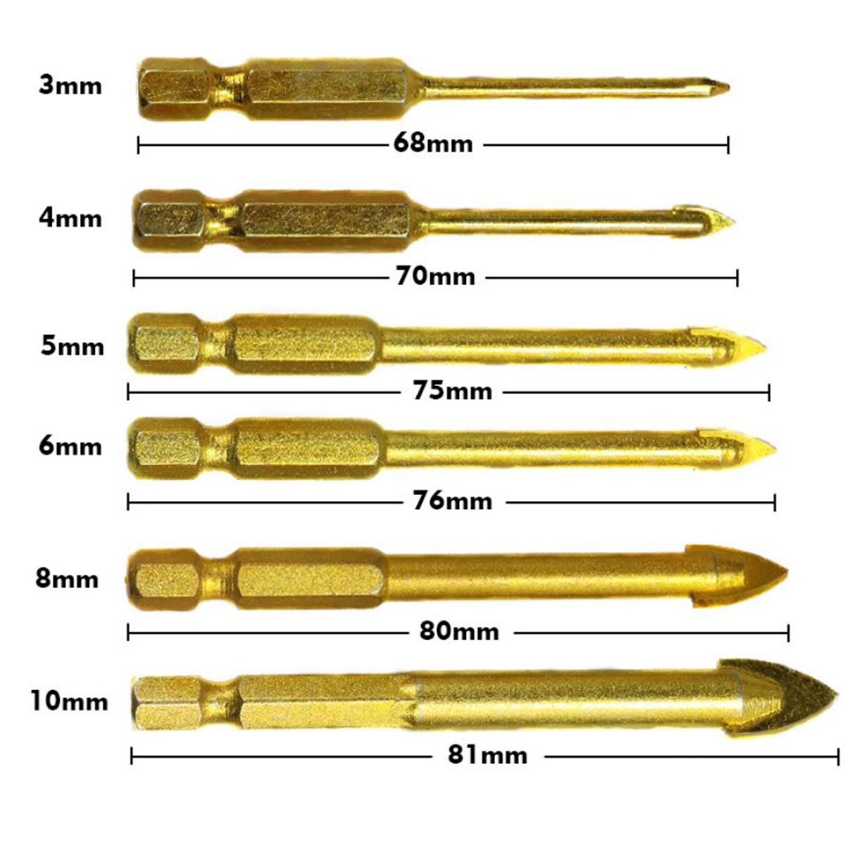 Bộ 6 Mũi Khoan Tam Giác Mạ Titan Khoan Tường - Thủy Tinh - Bê Tông Đa Chức Năng từ 3-10mm