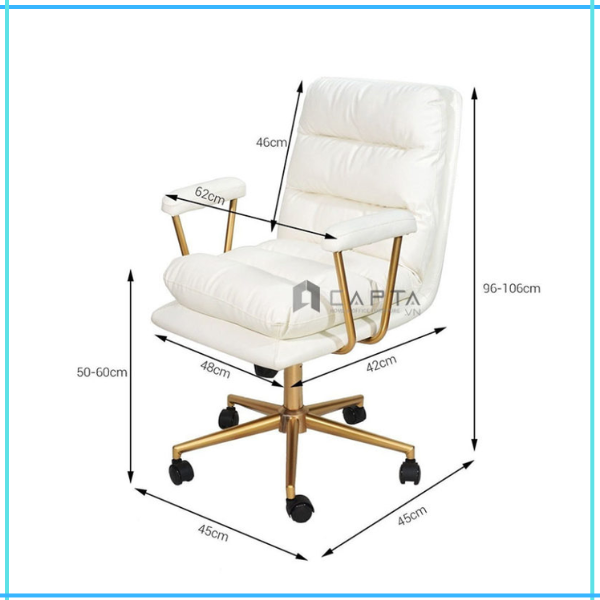 Ghế nữ làm việc màu trắng nệm da PU chân tăng giảm Ghế trang điểm chân nhũ vàng CE1018-P - Golden leg leather chair