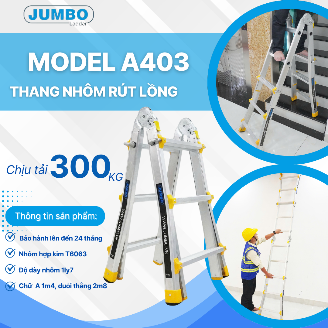 Thang nhôm trượt đa năng JUMBO A403 - Chữ A cao nhất 1.4m, chữ I cao nhất 3.0m, tải trọng 300kg