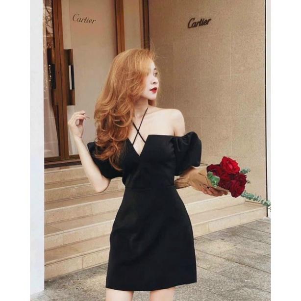 Đầm váy ôm body tafta mút ngực tay búp cột dây cổ yếm trễ vai tay con ngắn đen trắng đi biển dự tiệc dạo phố bigs
