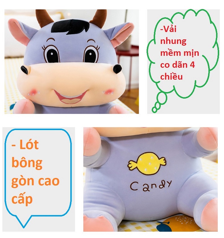 Gấu Bông Gối Ôm 2T Trâu Candy Dễ Thương Vải Nhung Co Giãn