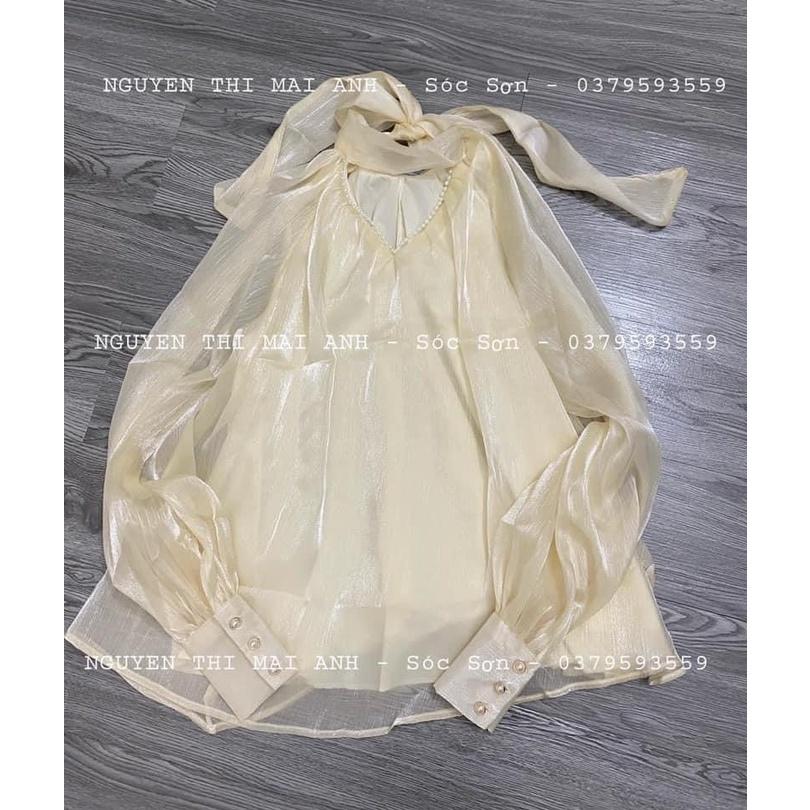Áo sơ mi kiểu babydoll cổ V chocker đính ngọc thắt nơ lưng - DRA0027