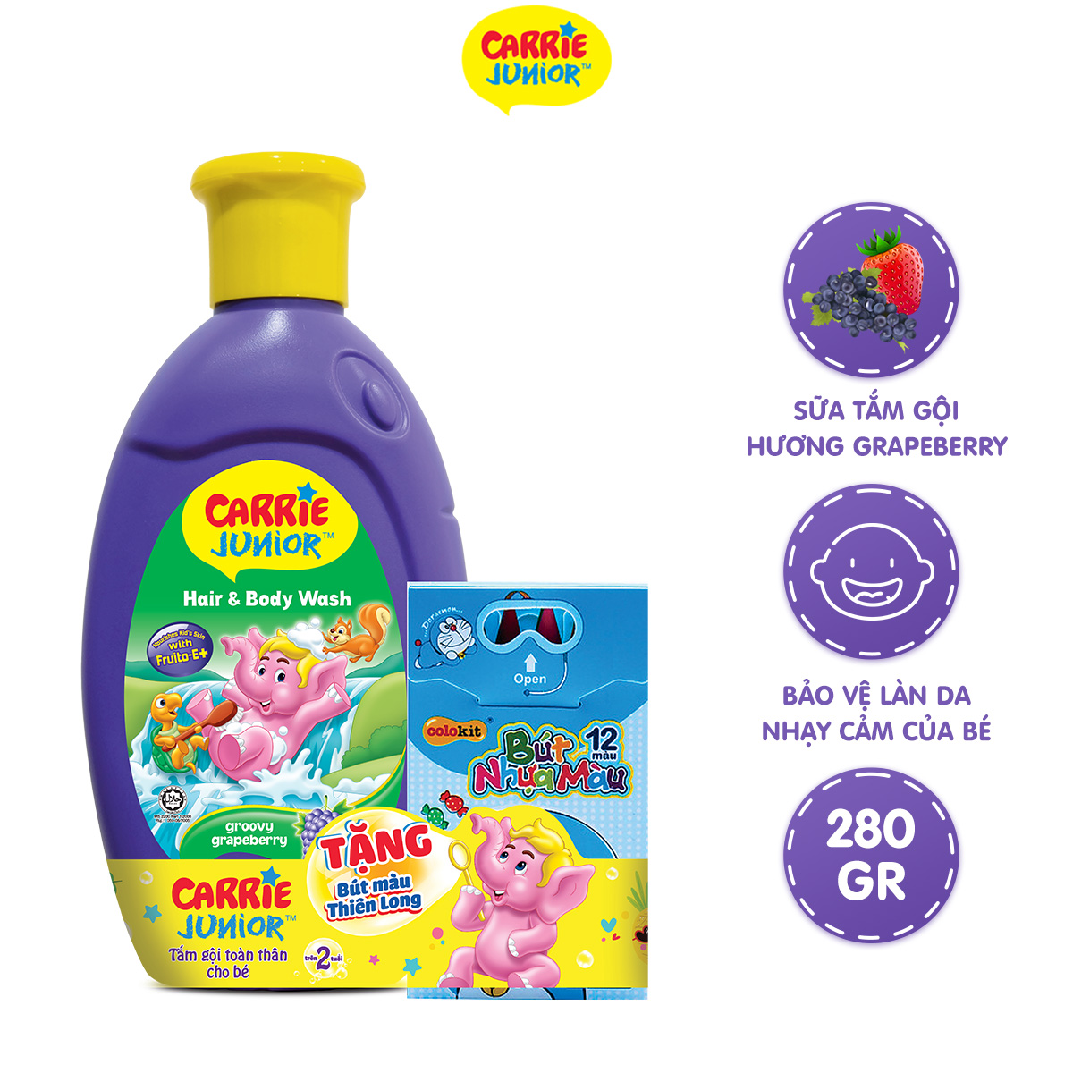 Sữa tắm Gội cho bé Carrie Junior hương Grapeberry 280g - Tặng Bút Màu