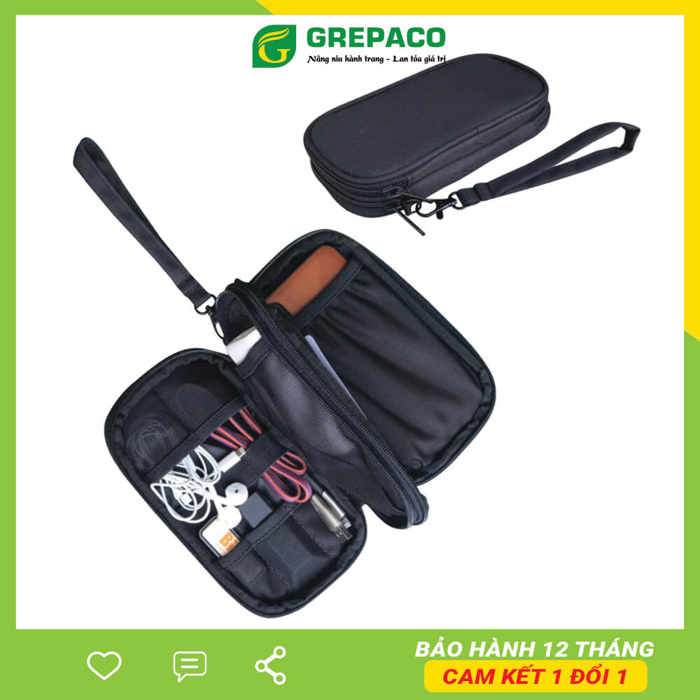 Túi Đựng Phụ Kiện Công Nghệ Grepaco, Pin Sạc Dự Phòng, Điện Thoại, Cáp Sạc USB, Tai Nghe Vải Bố Canvas, Nhiều Ngăn, Có Quai Cầm, Chống Nước, Khóa Kéo YKK Dành Cho Nam Nữ Đi Học, Làm, Du Lịch – Hàng Chính Hãng – Màu đen