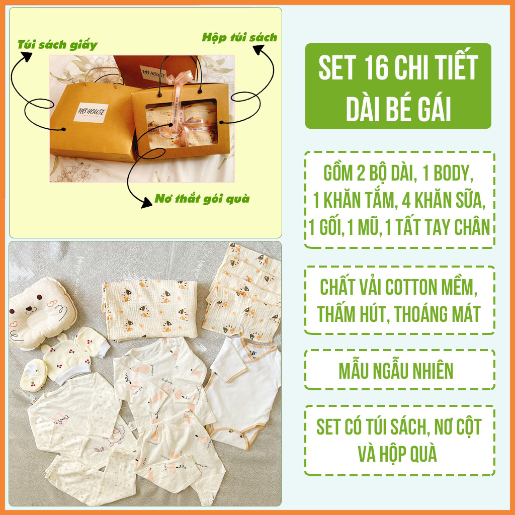 Set Quà Tặng Sơ Sinh Đầy Tháng 16 Chi Tiết Dài Tay Cho Bé Gái NB House Kids (Mẫu Ngẫu Nhiên)