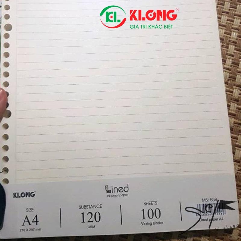 Ruột sổ còng giấy refill kẻ ngang A4 100 tờ; MS: 558, chính hãng Klong 30 lỗ còng binder