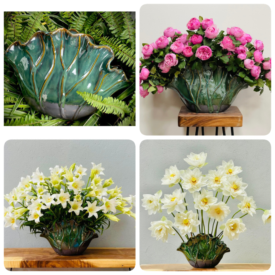 Lọ lá sen gấp gốm sứ Bát Tràng cao cấp cao 26cm ngang 32cm