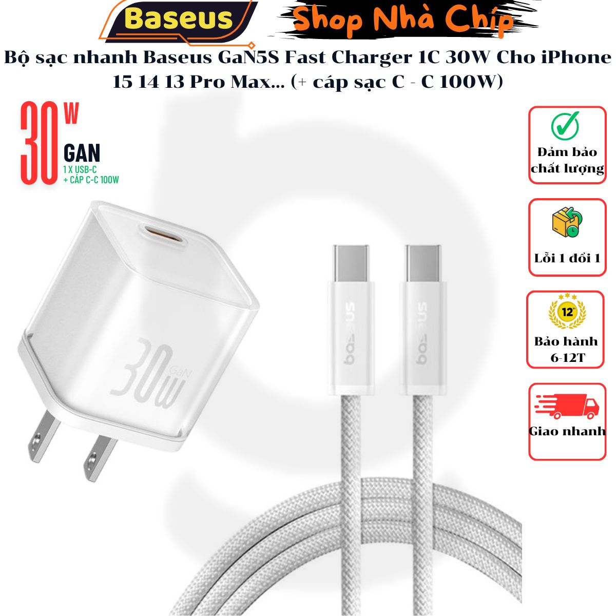 Bộ sạc nhanh Baseus GaN5S Fast Charger 1C 30W Cho iPhone 15 14 13 Pro Max (Nhỏ gọn, sạc nhanh PD/Quick Charge)- Hàng nhập khẩu