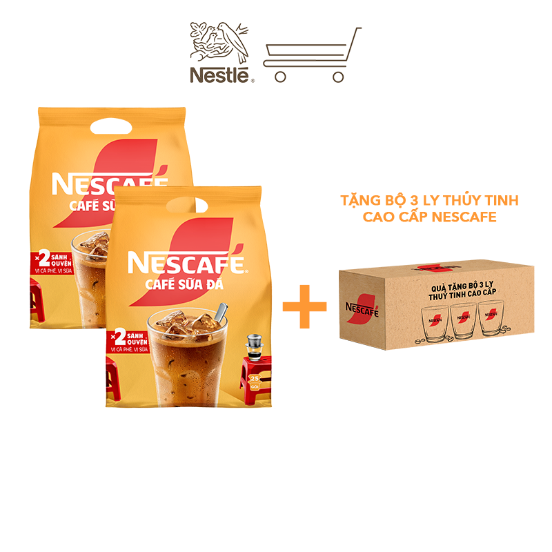 [Tặng Bộ 3 ly thủy tinh cao cấp NESCAFE] Combo 2 Bịch Cà Phê Sữa NESCAFE - Bịch 25 gói