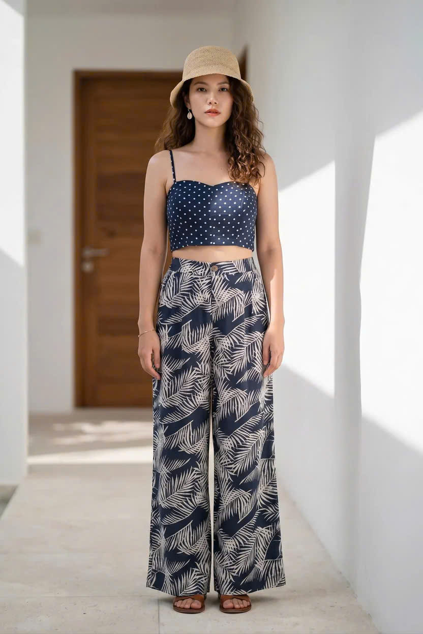 Quần Ống Rộng Linen Lá Cọ Xanh Navy Pan055 Thời trang Hity