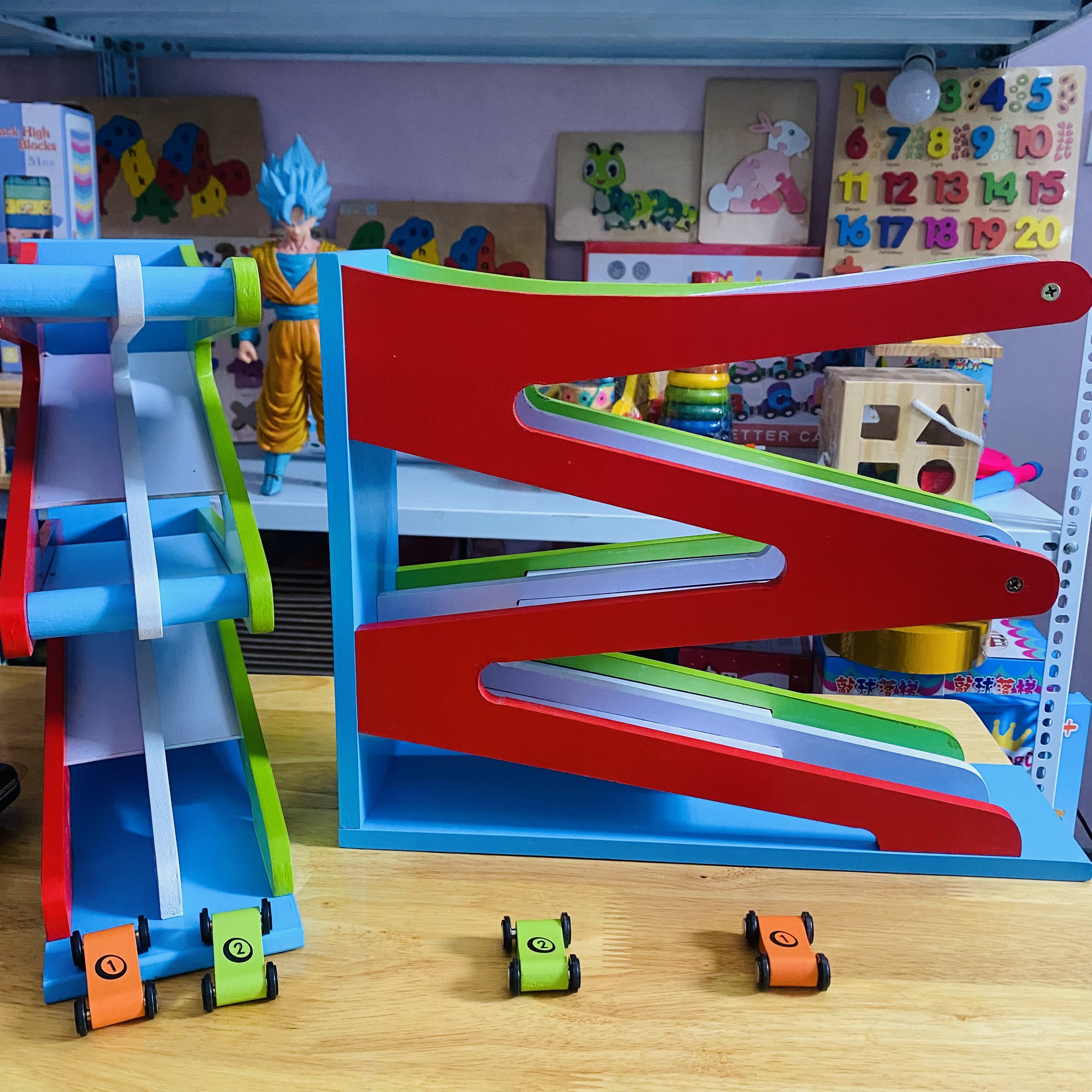 Đồ chơi xe đua cầu trượt đôi 4 tầng gỗ size to tiêu chuẩn, đồ chơi xe cầu trượt đôi zíc zắc, đồ chơi vận động cho bé