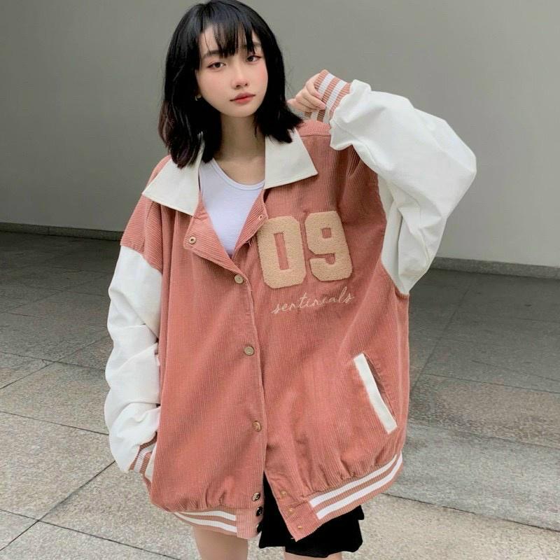 Áo khoác bomber Unisex Cổ Bẻ Nhung Tăm Thêu Số 09 Chống Nắng Form Rộng 2 Lớp cho nam nữ SENAVA