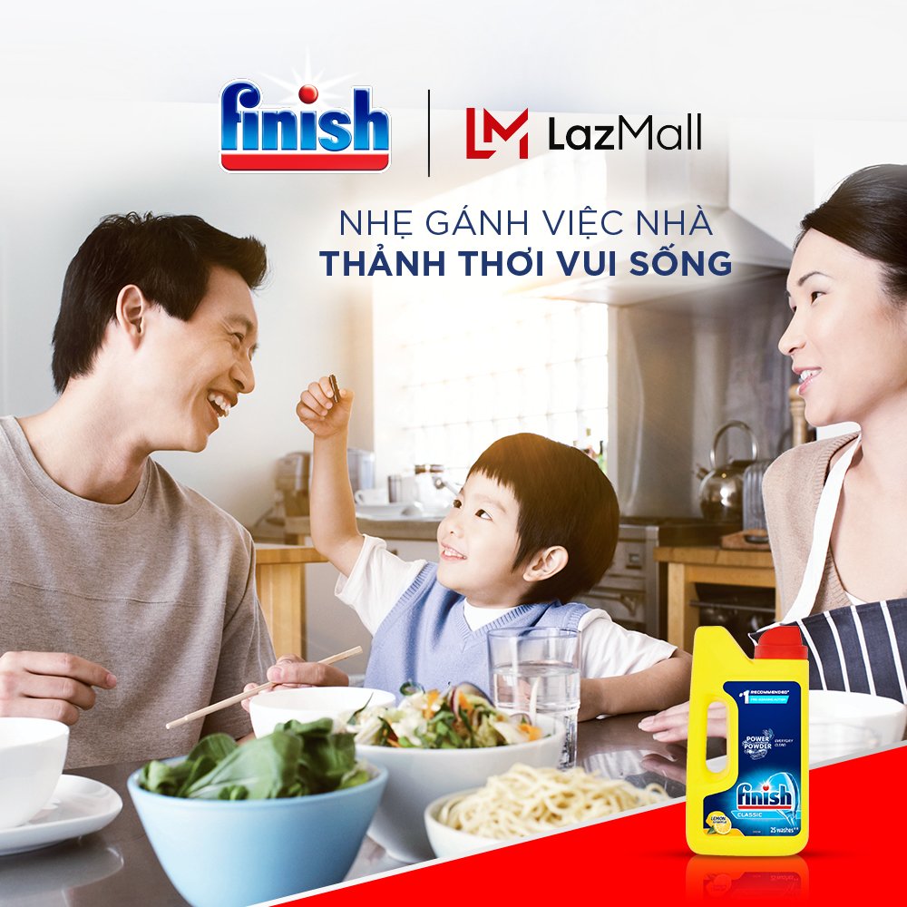 Combo 03 Bột Rửa Chén Bát Hương Chanh Finish Classic Power Powder Lemon Sparkle chai 1 kg